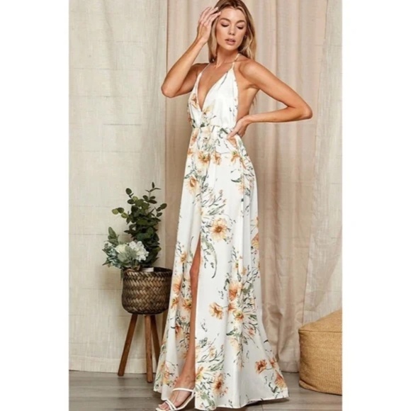 White Floral Print Halter Open Back Maxi Full Long Length Dress Gown W/ Slit - Picture 4 of 7